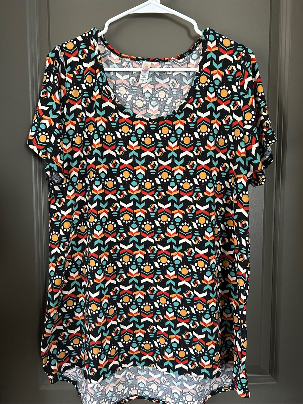 LuLaRoe Black Classic T with Orange, Teal & White Geometric Floral Print